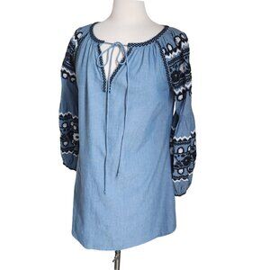 Ivy Jane Boho‎ Dress XS Embroidered Puff Sleeve Chambray Relaxed Southwestern
